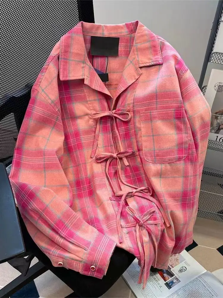 Y2K Winter Clothing - Y2k American Vintage Pink Plaid Shirt