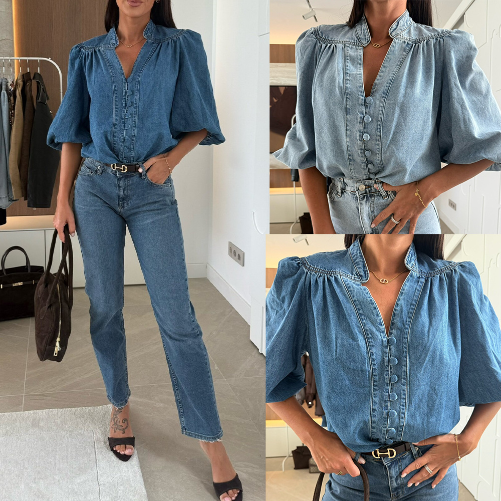 Blouses Women Denim Shirt V Ne - Y2K Winter Clothing review and price